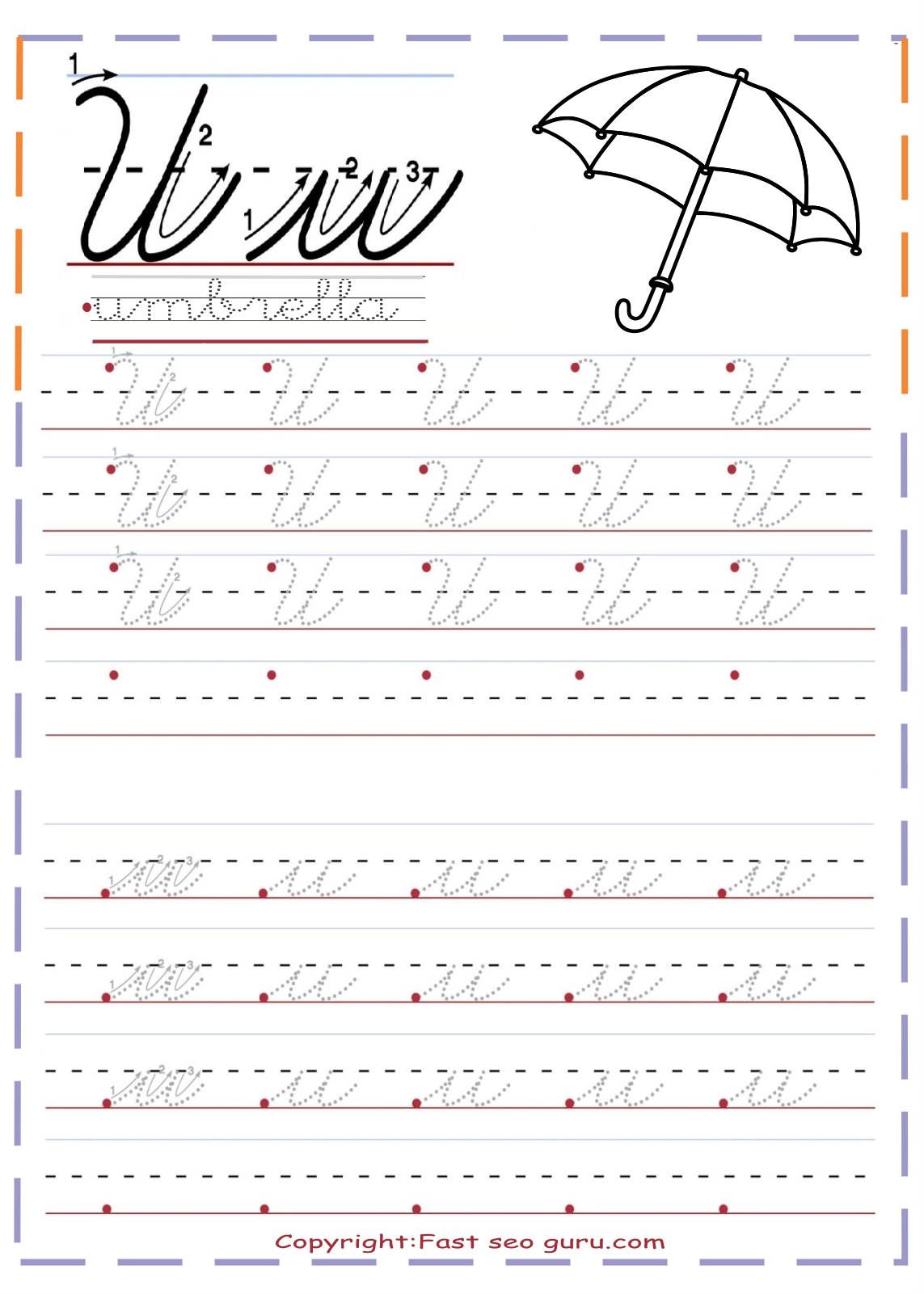 cursive handwriting tracing worksheets letter u for umbrella